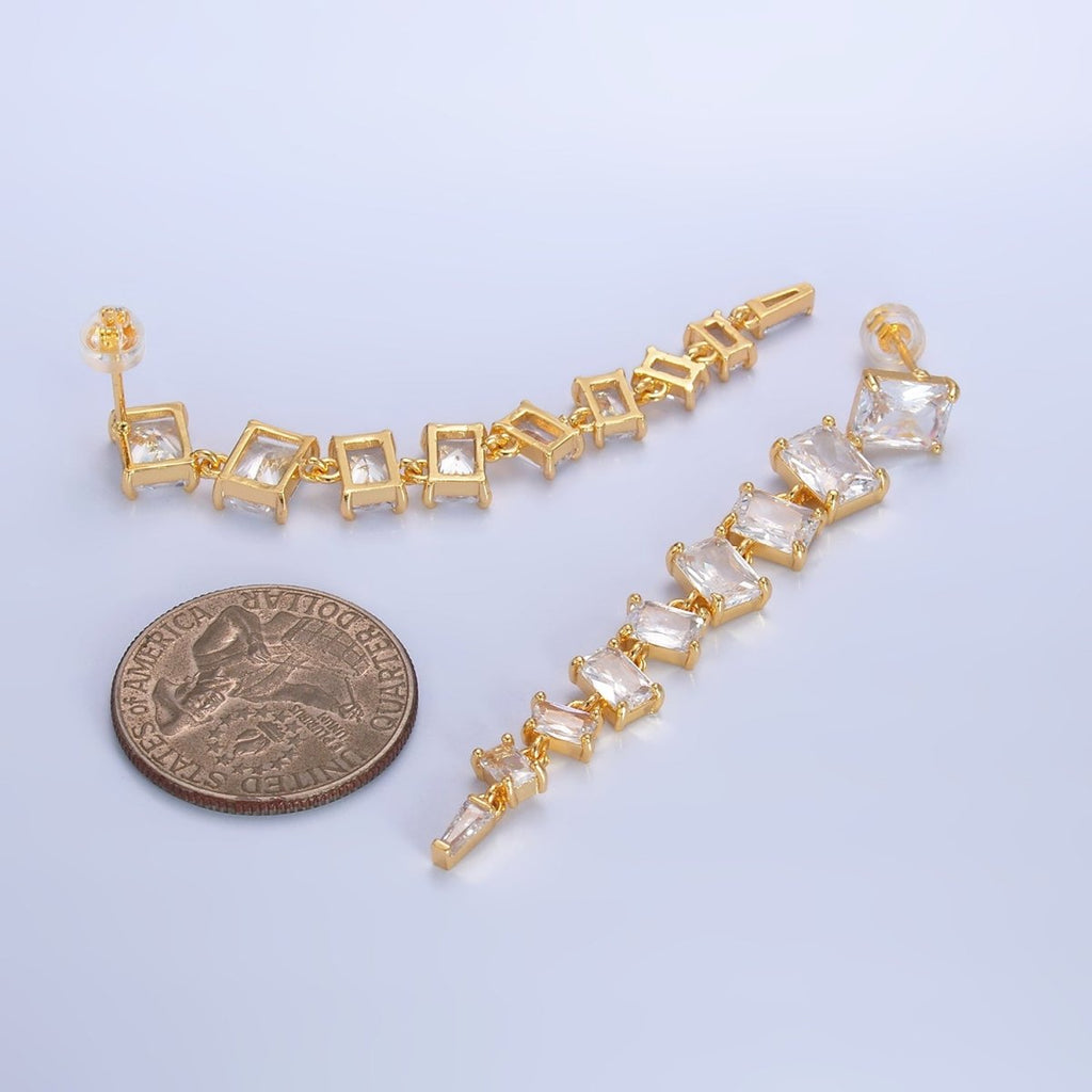 24K Gold plated Clear CZ Baguette Drop Stud Earrings | V135 - DLUXCA