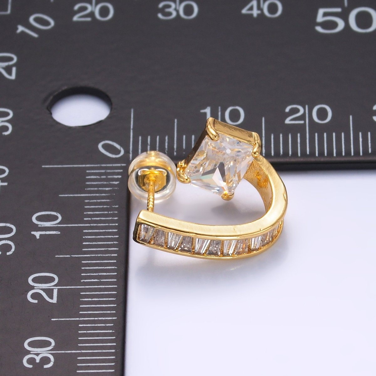 24K Gold plated Clear CZ Baguette J - Shaped Hoop Earrings | AB713 