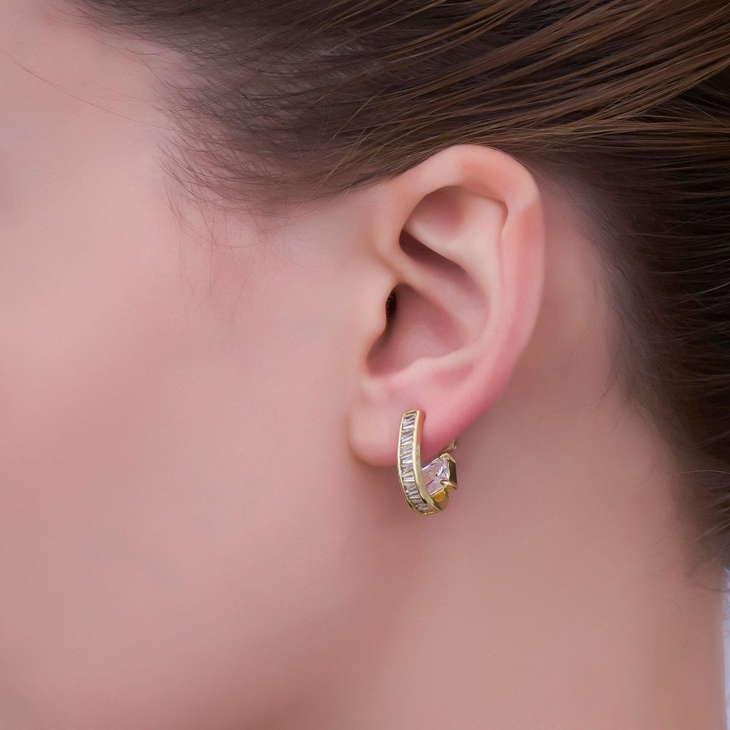 24K Gold plated Clear CZ Baguette J - Shaped Hoop Earrings | AB713 