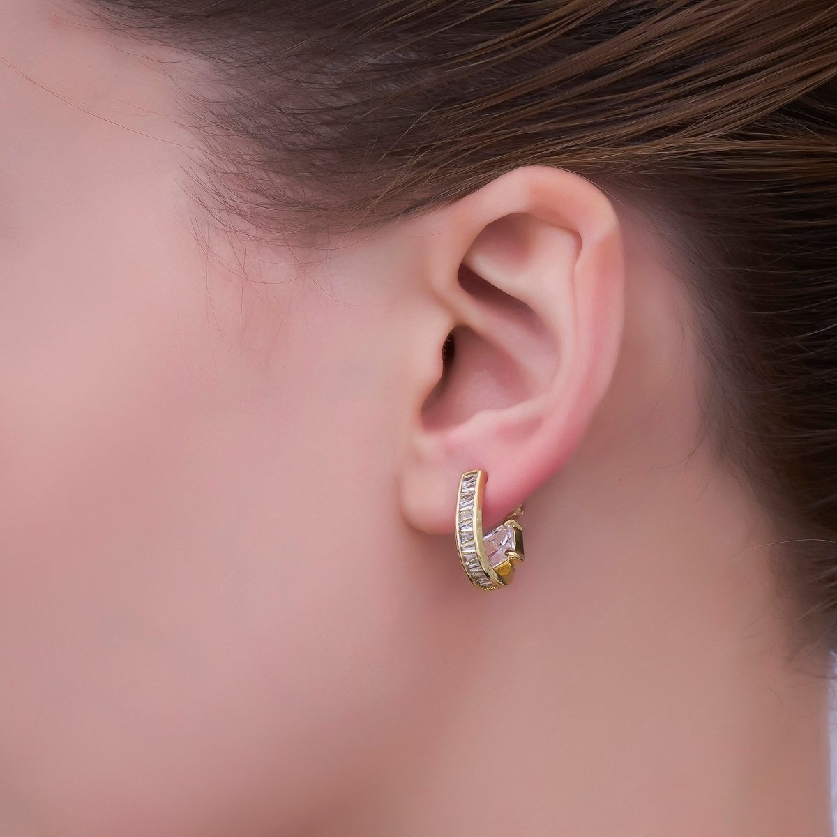 24K Gold plated Clear CZ Baguette J - Shaped Hoop Earrings | AB713 