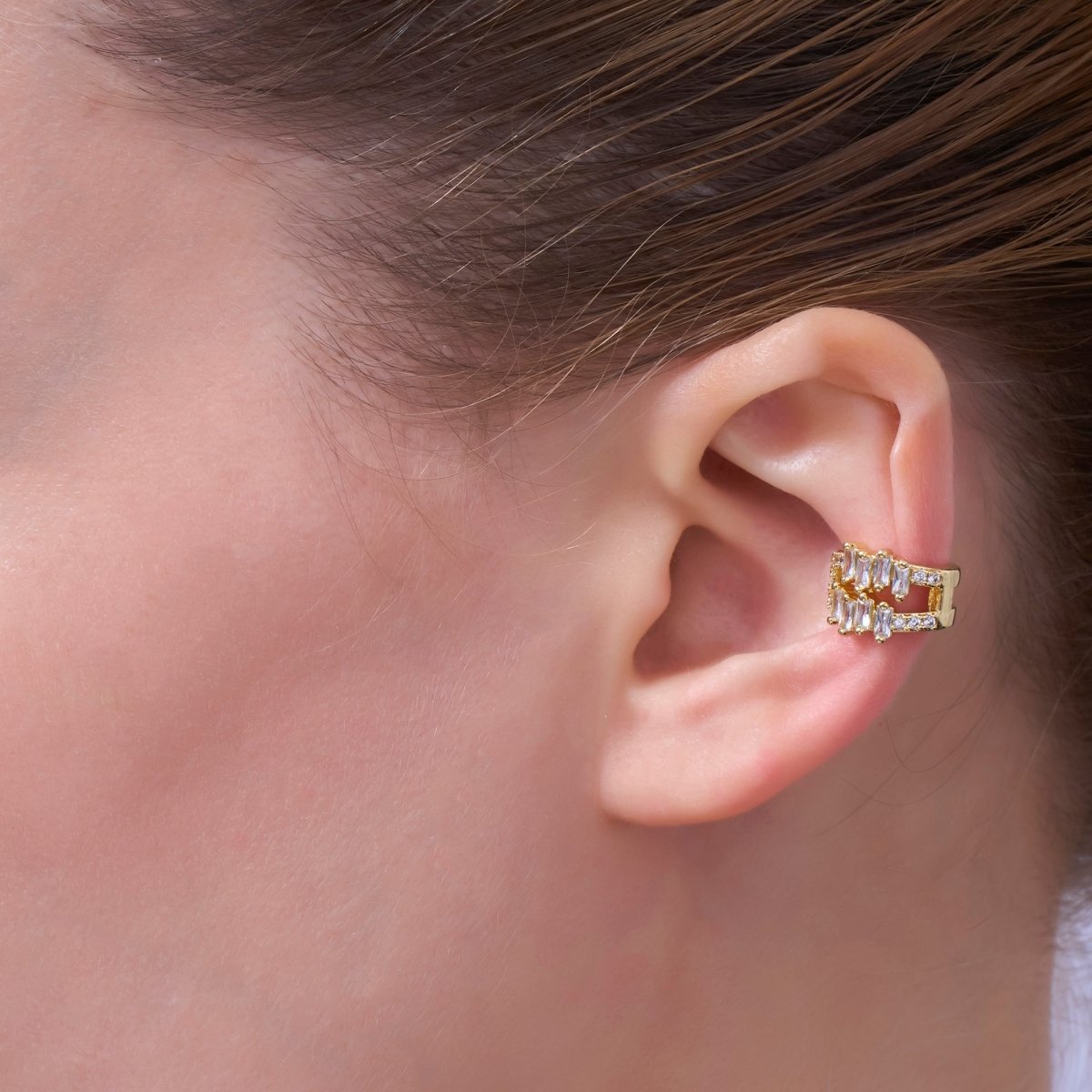 24K Gold plated Clear CZ Baguette Micro Paved Ear Cuff Earrings | AI177 