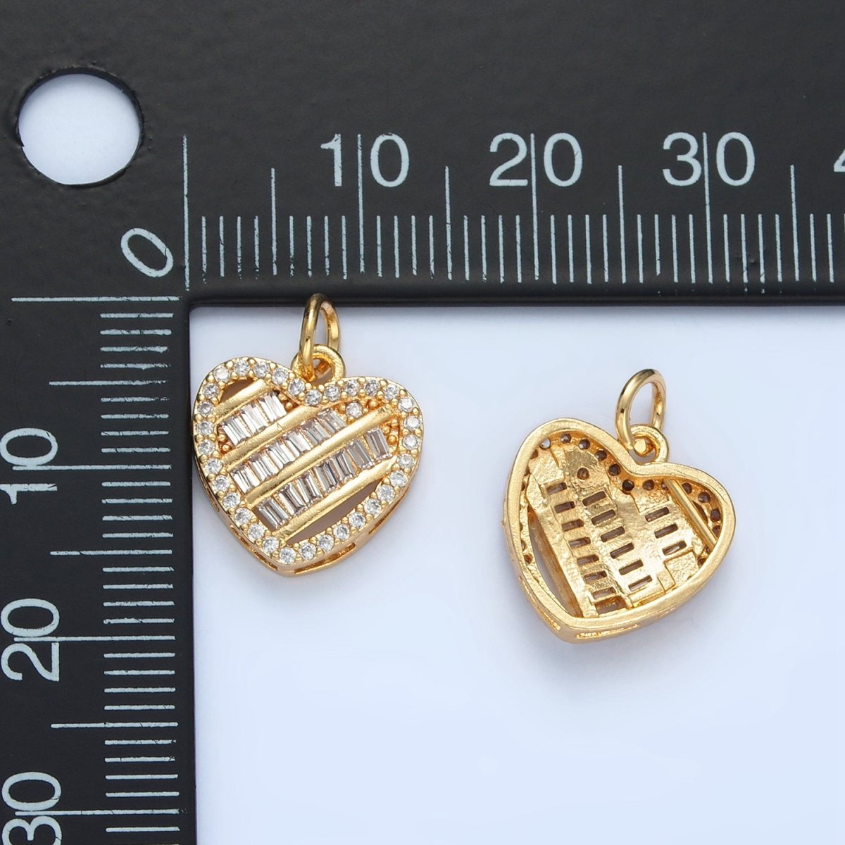 24K Gold plated Clear CZ Baguette Micro Paved Heart Charm | N1380 - DLUXCA