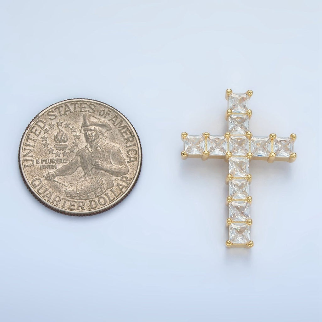 24K Gold plated Clear CZ Baguette Religious Cross Pendant | AA869 - DLUXCA