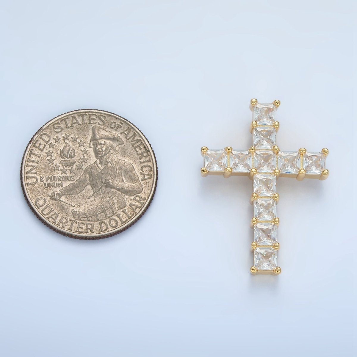 24K Gold plated Clear CZ Baguette Religious Cross Pendant | AA869 - DLUXCA