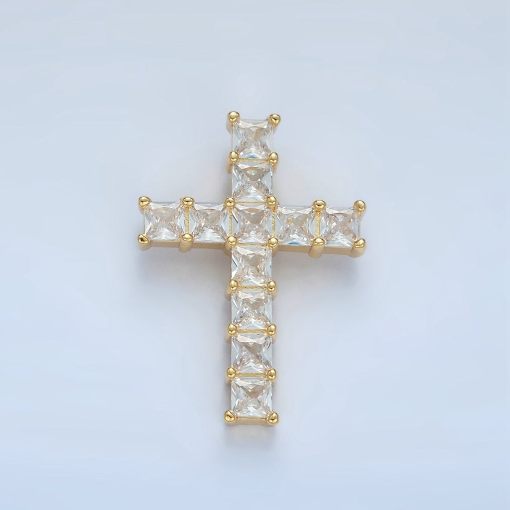 24K Gold plated Clear CZ Baguette Religious Cross Pendant | AA869 - DLUXCA