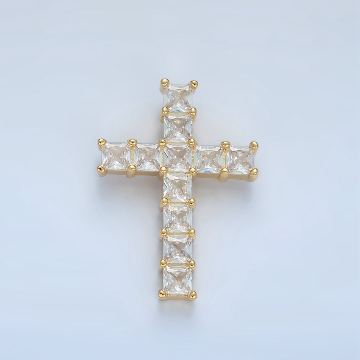 24K Gold plated Clear CZ Baguette Religious Cross Pendant | AA869 - DLUXCA