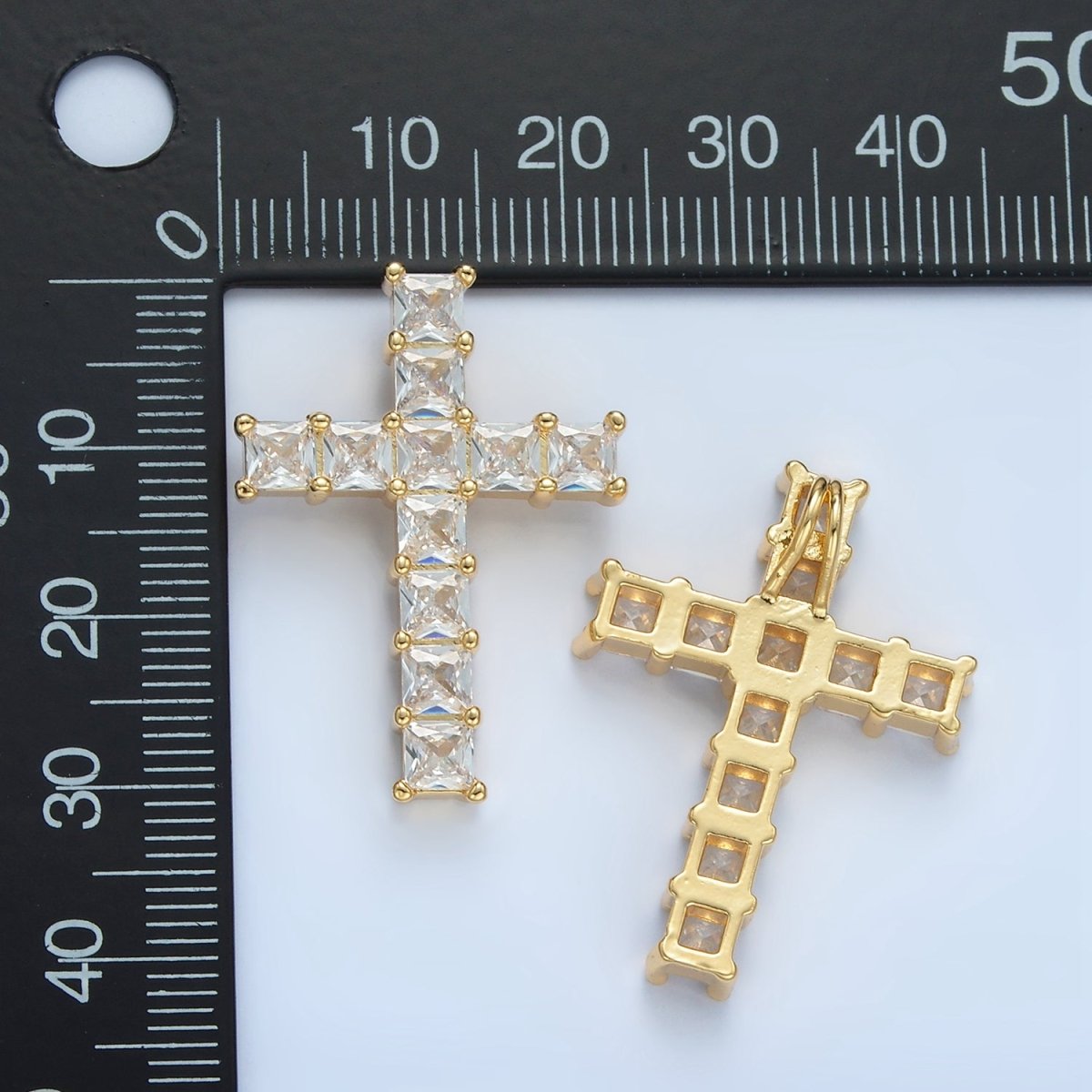 24K Gold plated Clear CZ Baguette Religious Cross Pendant | AA869 - DLUXCA