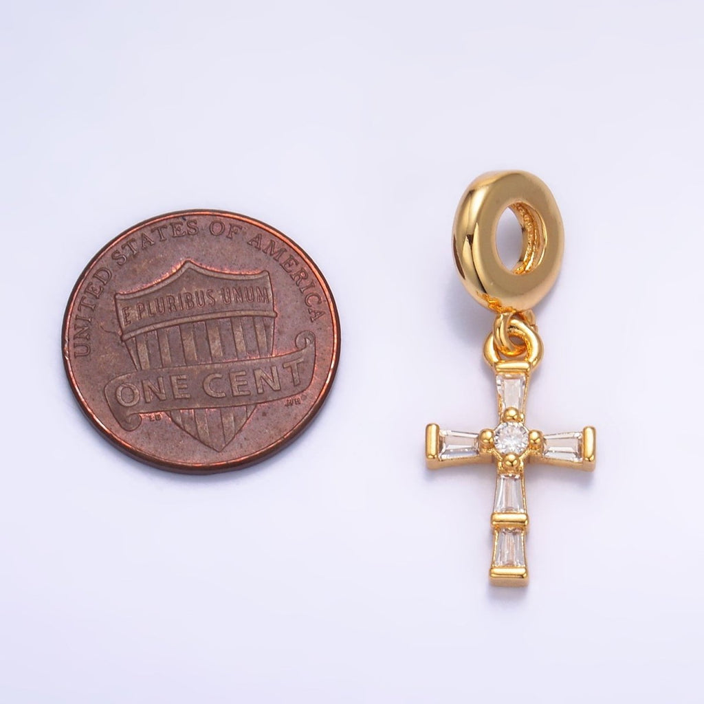 24K Gold plated Clear CZ Baguette Religious Cross Rhondelle Drop Pendant | W329 - DLUXCA