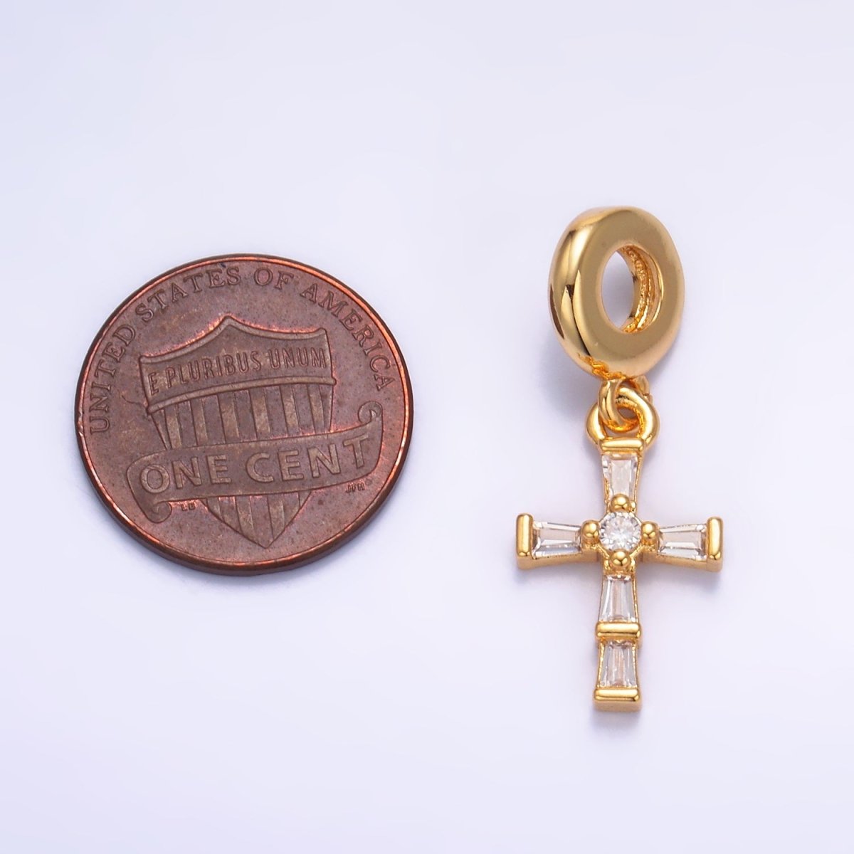 24K Gold plated Clear CZ Baguette Religious Cross Rhondelle Drop Pendant | W329 - DLUXCA