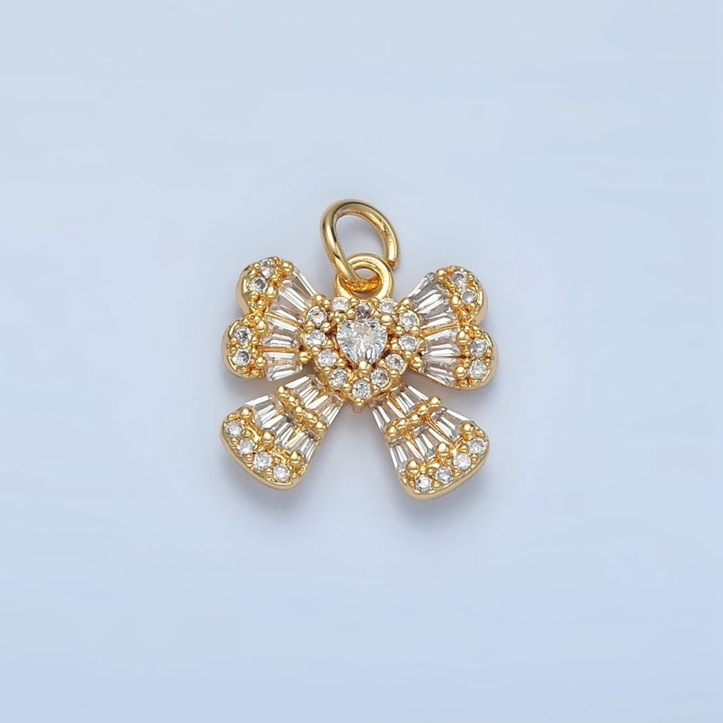 24K Gold plated Clear CZ Baguette Ribbon Bow Charm | X553 - DLUXCA