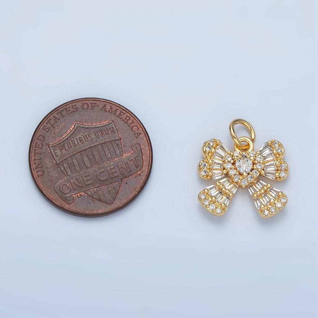 24K Gold plated Clear CZ Baguette Ribbon Bow Charm | X553 - DLUXCA