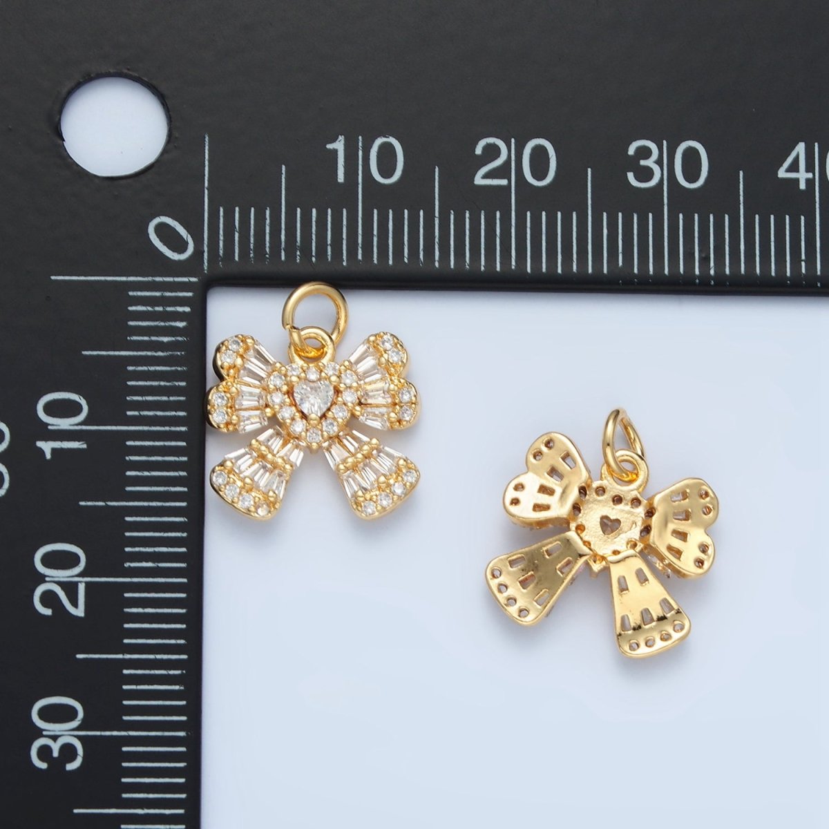 24K Gold plated Clear CZ Baguette Ribbon Bow Charm | X553 - DLUXCA