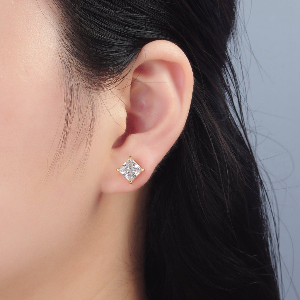 24K Gold plated Clear CZ Baguette Stud Earrings | AB1222 - DLUXCA