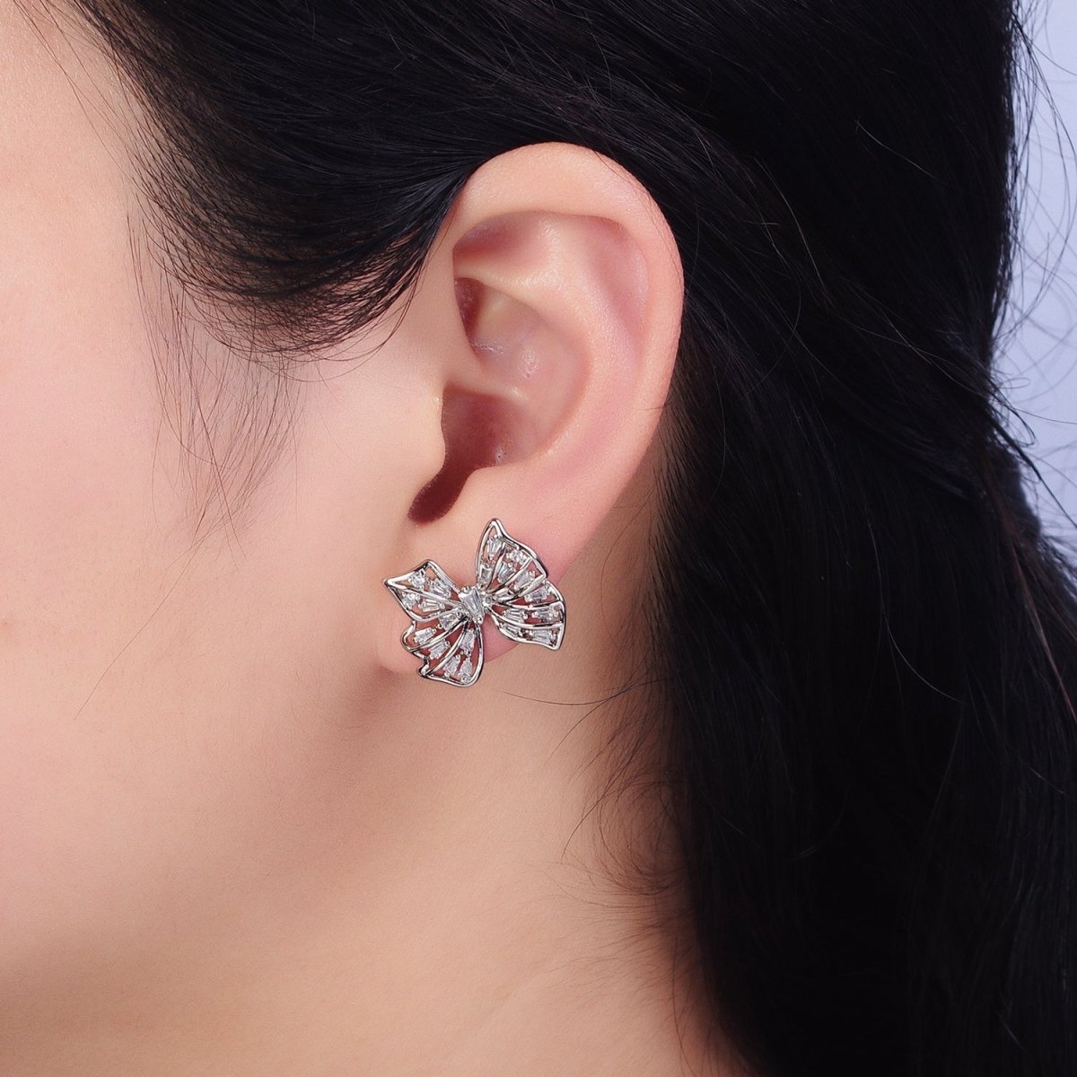 24K Gold plated Clear CZ Baguette Wings Mariposa Butterfly Stud Earrings in Gold & Silver | AB676 AD898