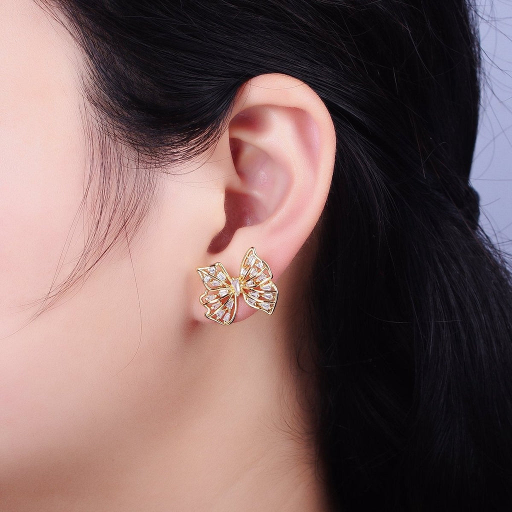 24K Gold plated Clear CZ Baguette Wings Mariposa Butterfly Stud Earrings in Gold & Silver | AB676 AD898