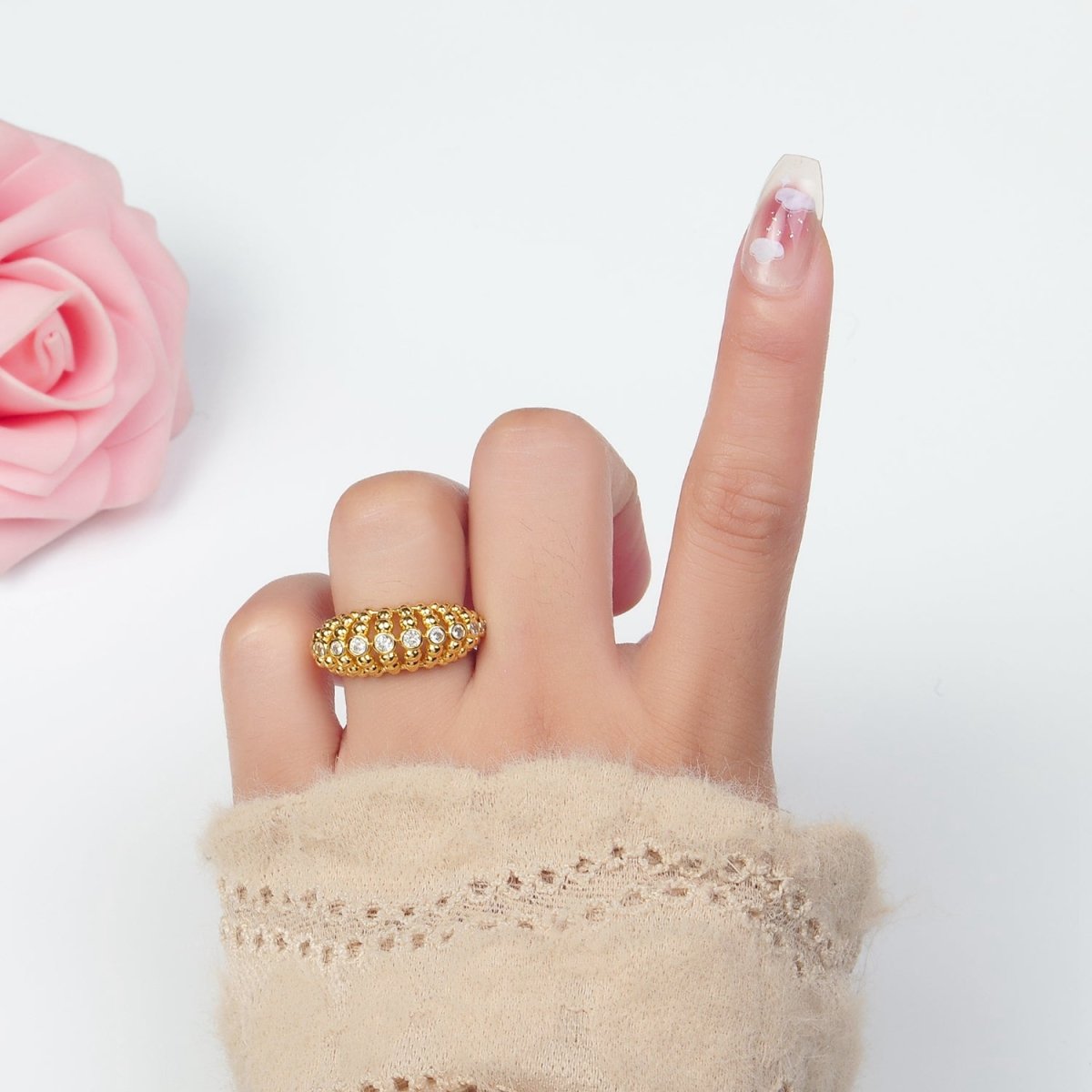 24K Gold plated Clear CZ Beaded Bubble Geometric Ring | O1395 - DLUXCA