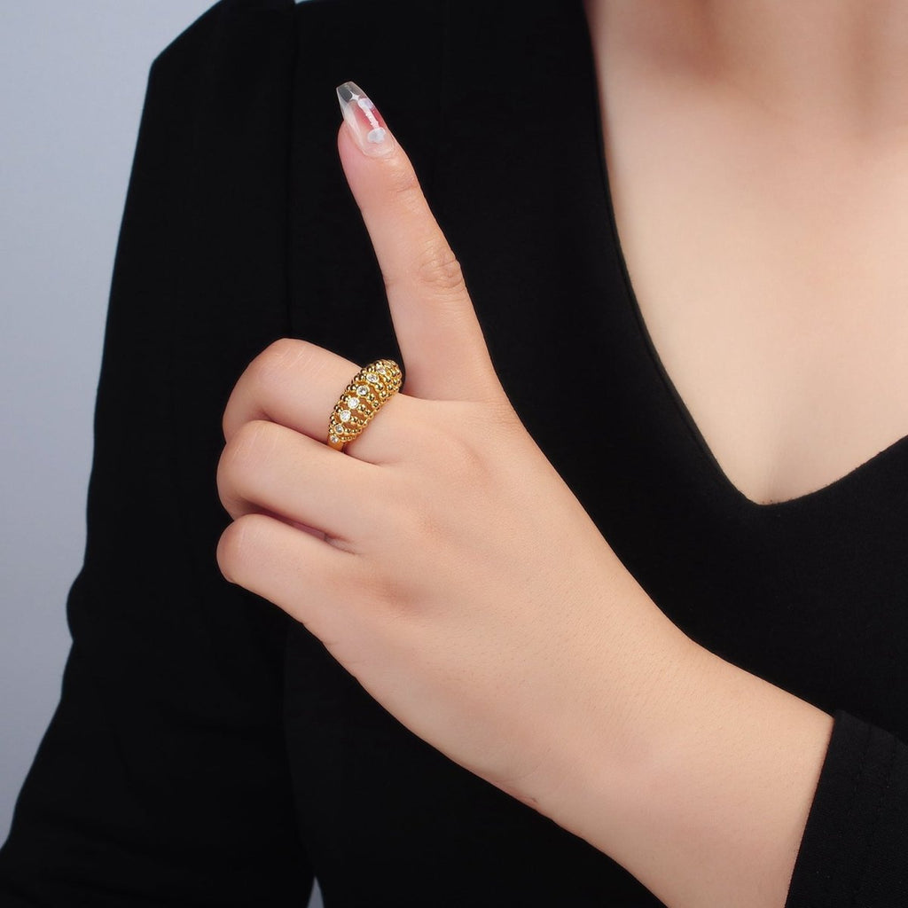 24K Gold plated Clear CZ Beaded Bubble Geometric Ring | O1395 - DLUXCA