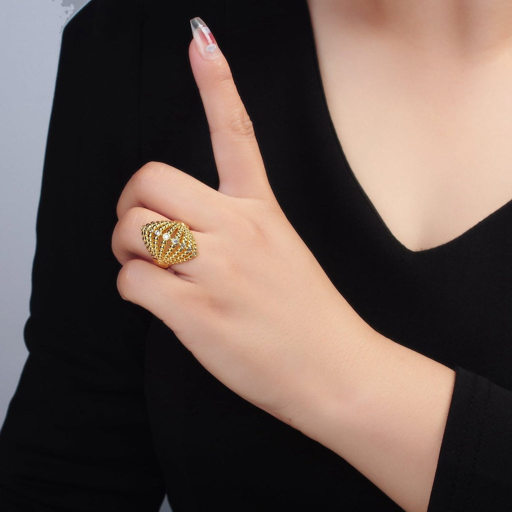 24K Gold plated Clear CZ Beaded Bubble Sphere Geometric Ring | O1394 - DLUXCA