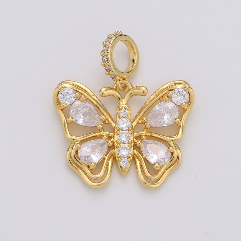 24K Gold plated Clear CZ Butterfly Mariposa Micro Paved Bail Pendant | I659 - DLUXCA