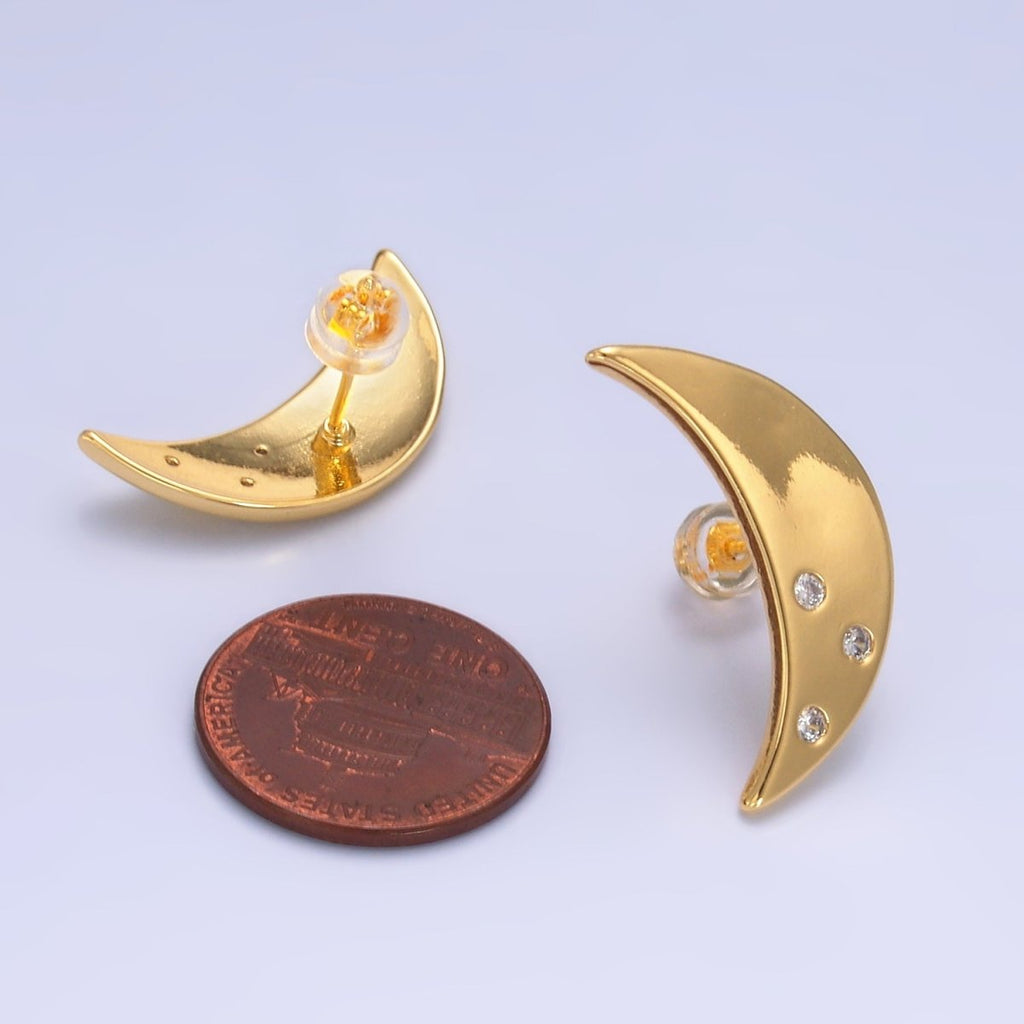 24K Gold plated Clear CZ Celestial Crescent Moon Stud Earrings | AB081 