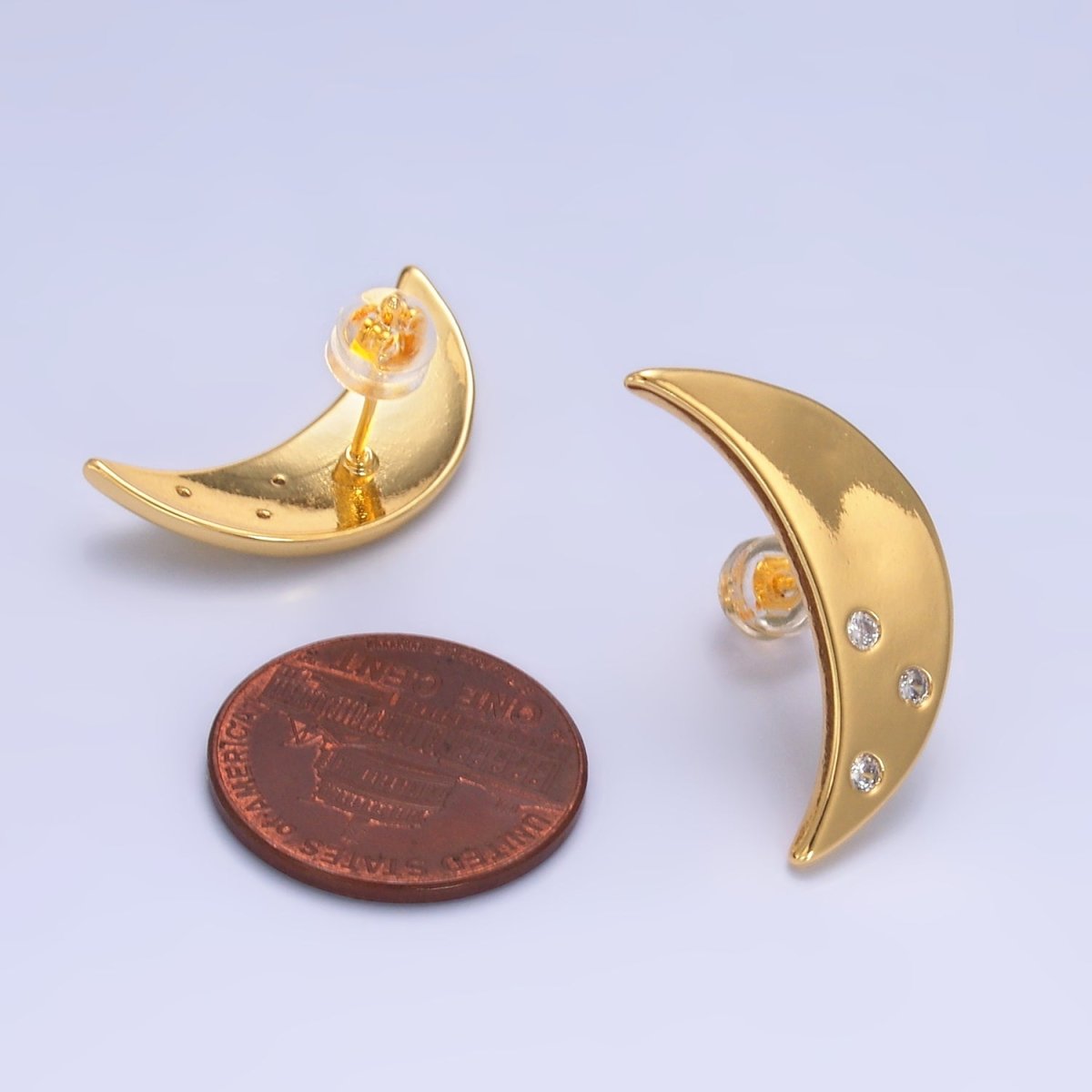 24K Gold plated Clear CZ Celestial Crescent Moon Stud Earrings | AB081 