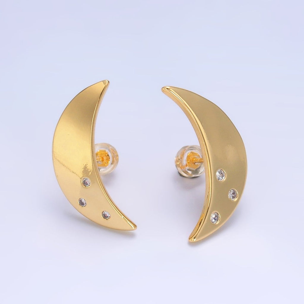 24K Gold plated Clear CZ Celestial Crescent Moon Stud Earrings | AB081 