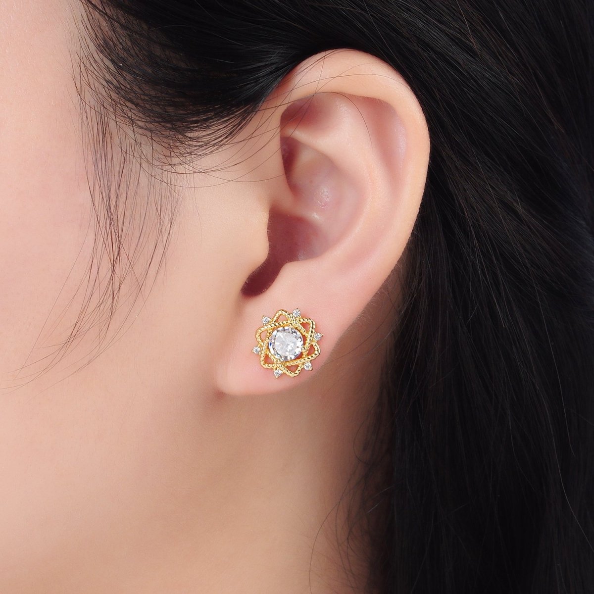 24K Gold plated Clear CZ Celestial Star Stud Earrings | AD625 - DLUXCA