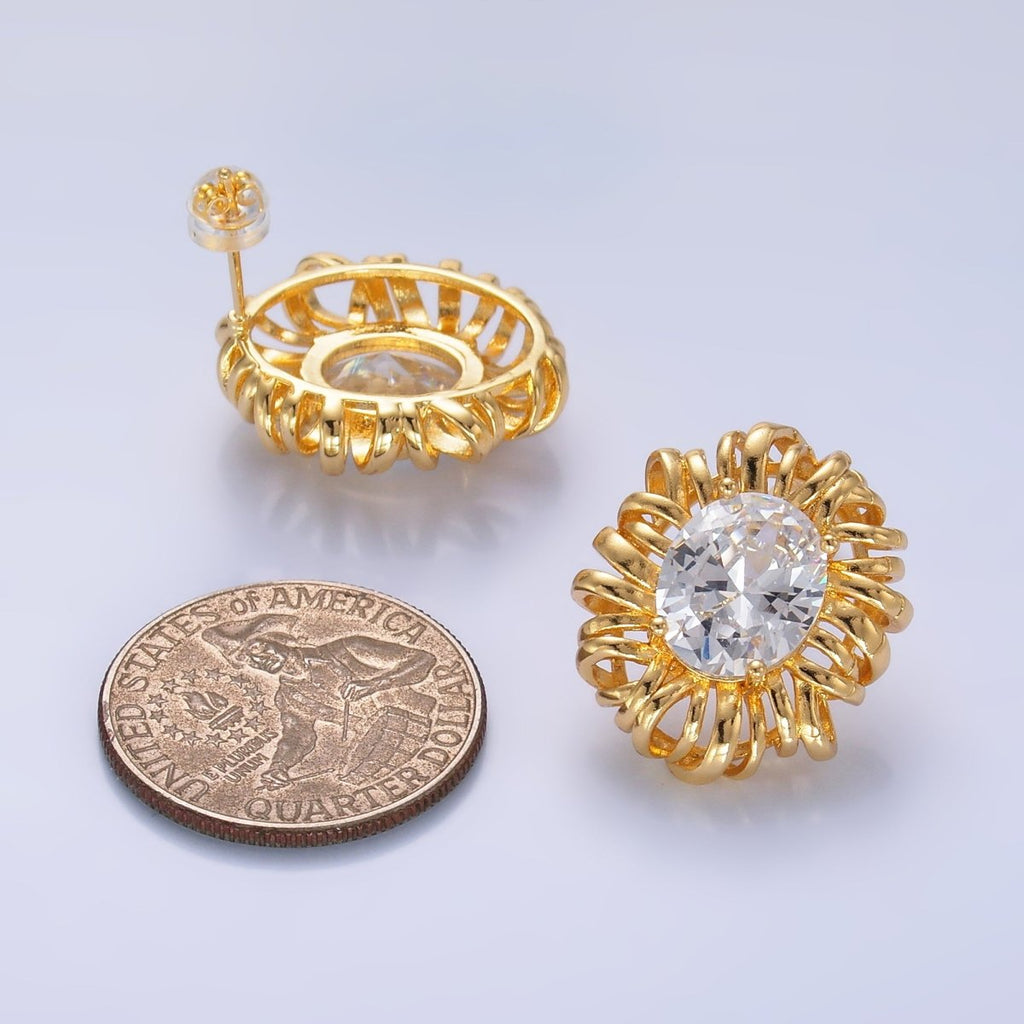 24K Gold plated Clear CZ Celestial Sun Ray Stud Earrings | AB077 