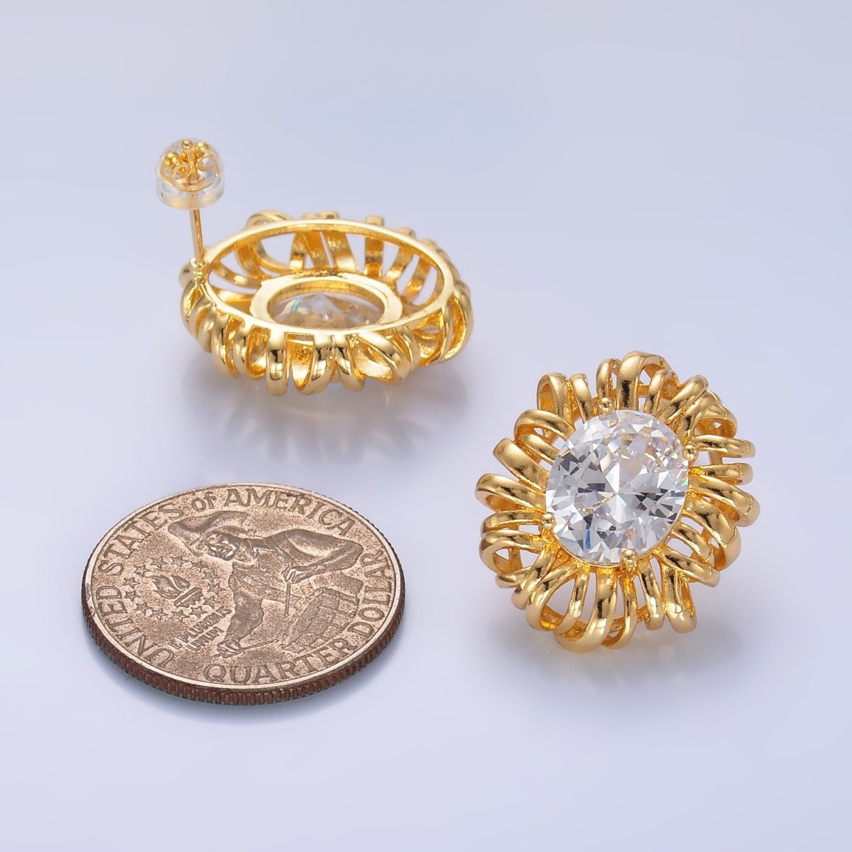 24K Gold plated Clear CZ Celestial Sun Ray Stud Earrings | AB077 