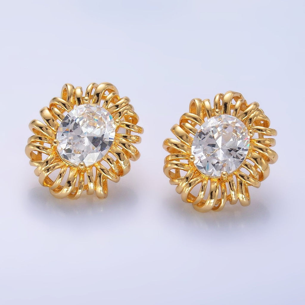 24K Gold plated Clear CZ Celestial Sun Ray Stud Earrings | AB077 