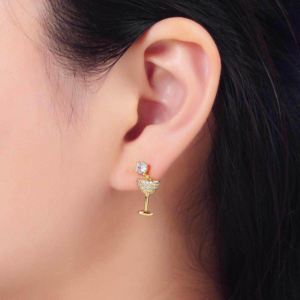 24K Gold plated Clear CZ Cocktail Alcohol Drink Stud Earrings | AD - 679 - DLUXCA