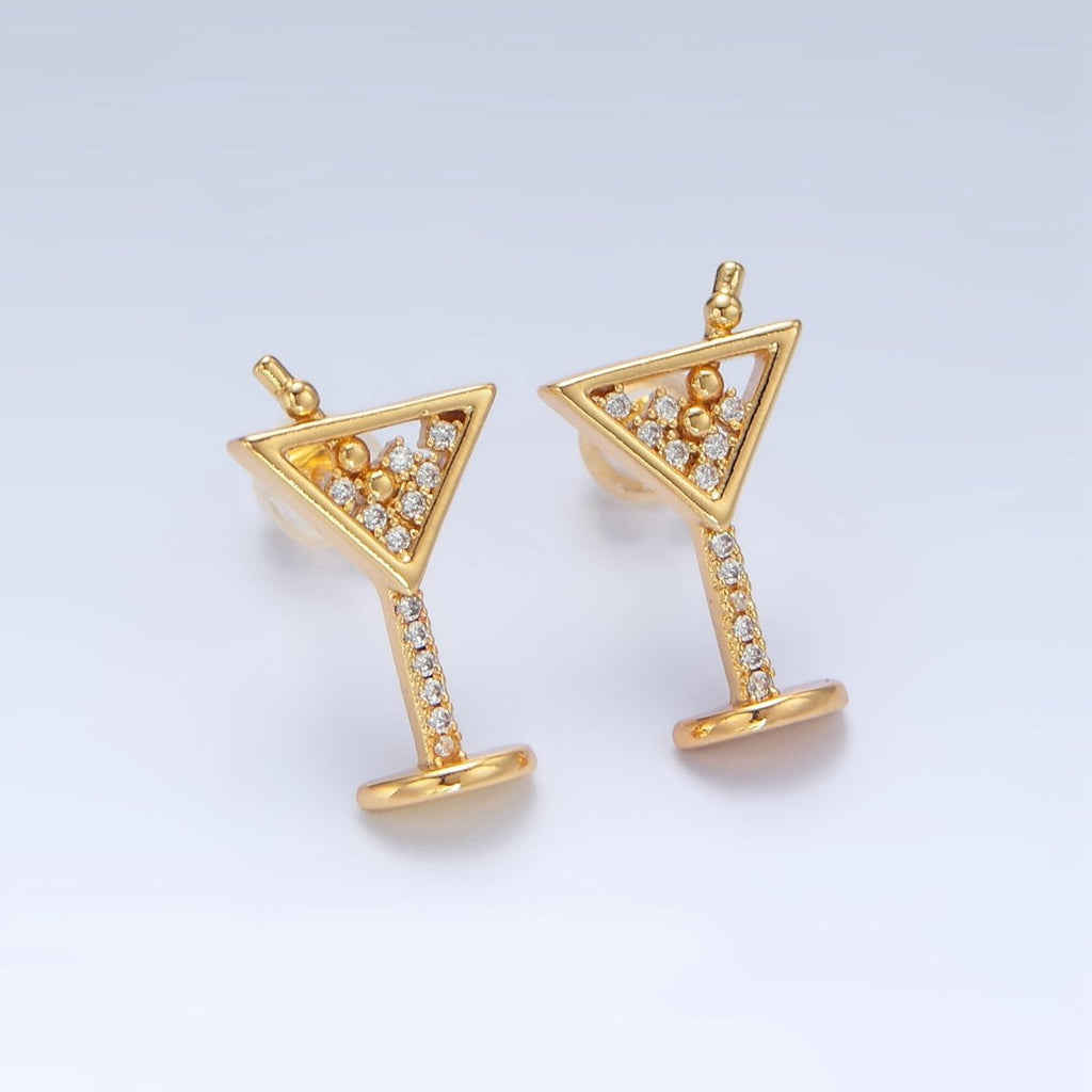 24K Gold plated Clear CZ Cocktail Alcohol Drink Stud Earrings| AD - 693 - DLUXCA