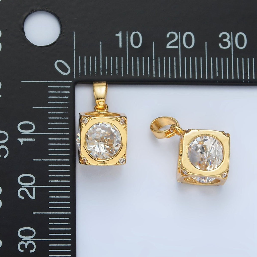 24K Gold plated Clear CZ Cube Box Pendant | AA876 - DLUXCA