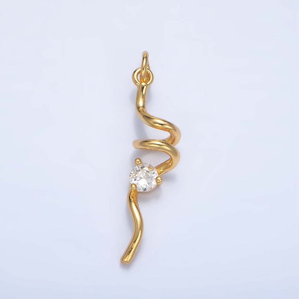 24K Gold plated Clear CZ Curled Bar Geometric Charm in Gold & Silver | W023