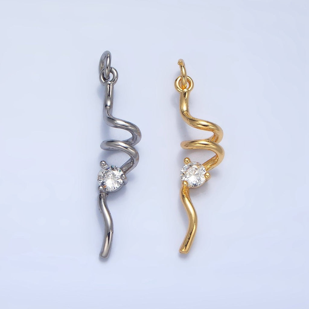24K Gold plated Clear CZ Curled Bar Geometric Charm in Gold & Silver | W023