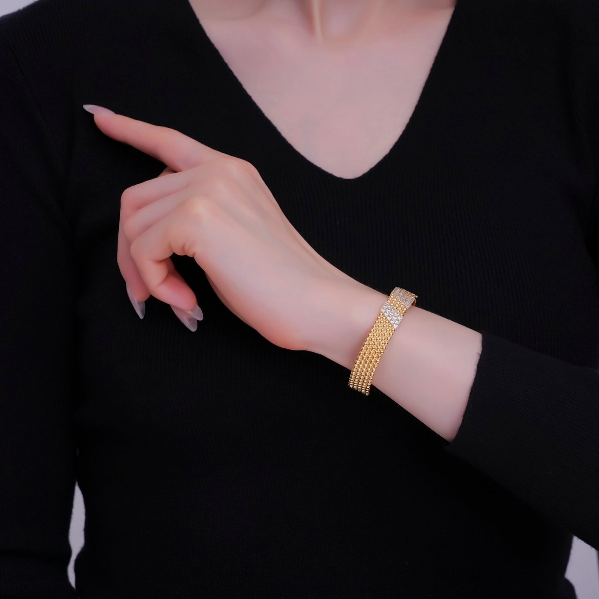 24K Gold plated Clear CZ Dotted Geometric Cuff Bracelet | WA - 3067 
