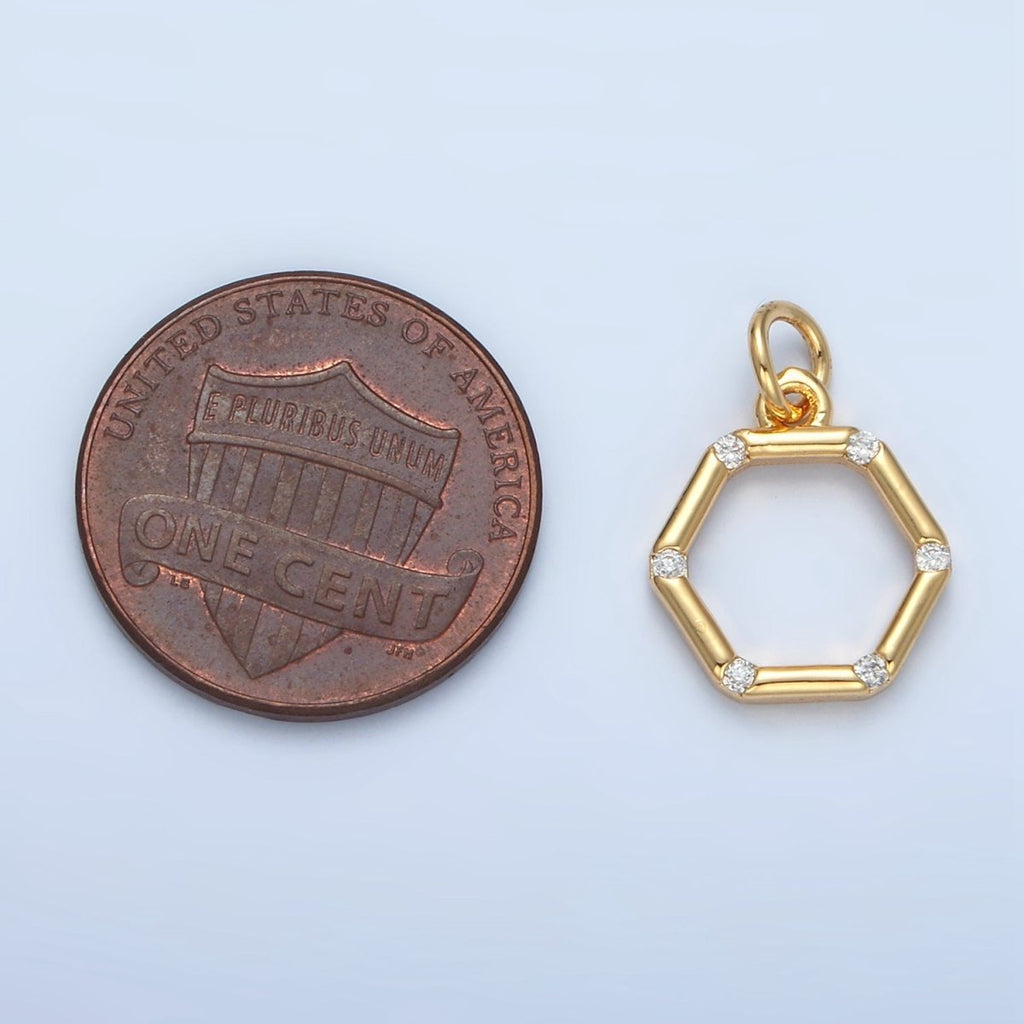 24K Gold plated Clear CZ Dotted Open Hexagonal Charm | X562 - DLUXCA