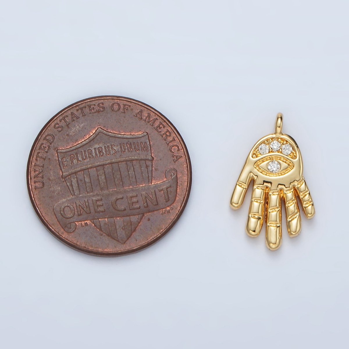 24K Gold plated Clear CZ Evil Eye Hamsa Hand Religious Charm | M808 - DLUXCA