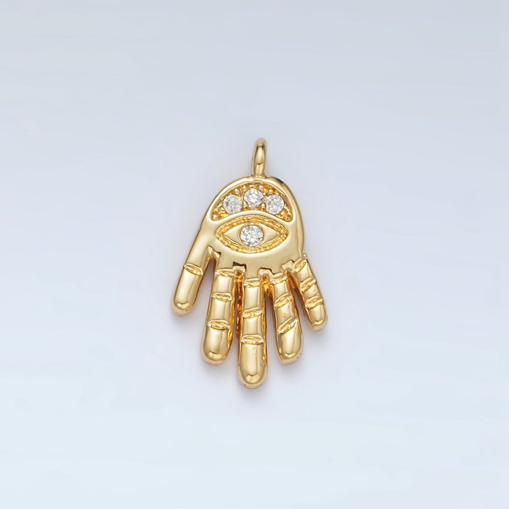 24K Gold plated Clear CZ Evil Eye Hamsa Hand Religious Charm | M808 - DLUXCA