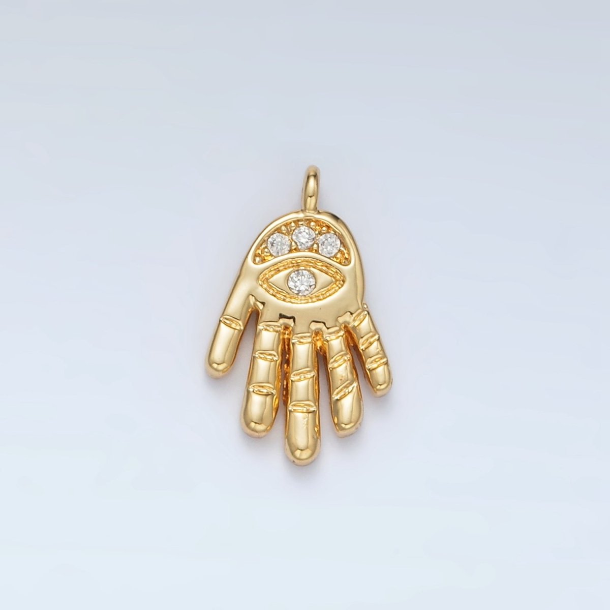 24K Gold plated Clear CZ Evil Eye Hamsa Hand Religious Charm | M808 - DLUXCA