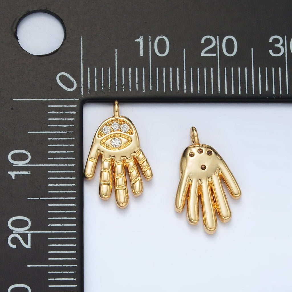 24K Gold plated Clear CZ Evil Eye Hamsa Hand Religious Charm | M808 - DLUXCA