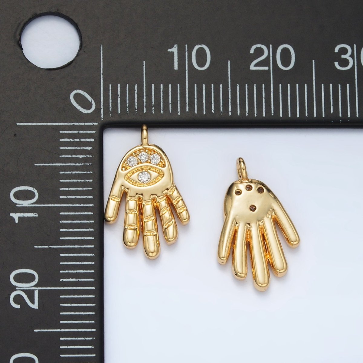 24K Gold plated Clear CZ Evil Eye Hamsa Hand Religious Charm | M808 - DLUXCA