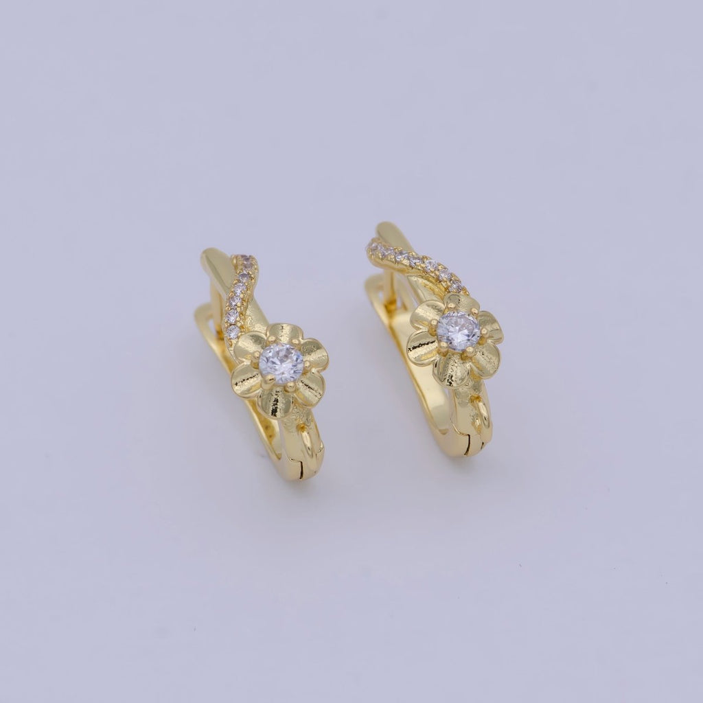 24K Gold plated Clear CZ Flower Lined Open Loop English Lock Drop Earrings Findings | Z820 - DLUXCA
