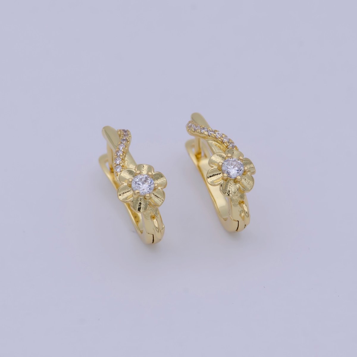 24K Gold plated Clear CZ Flower Lined Open Loop English Lock Drop Earrings Findings | Z820 - DLUXCA