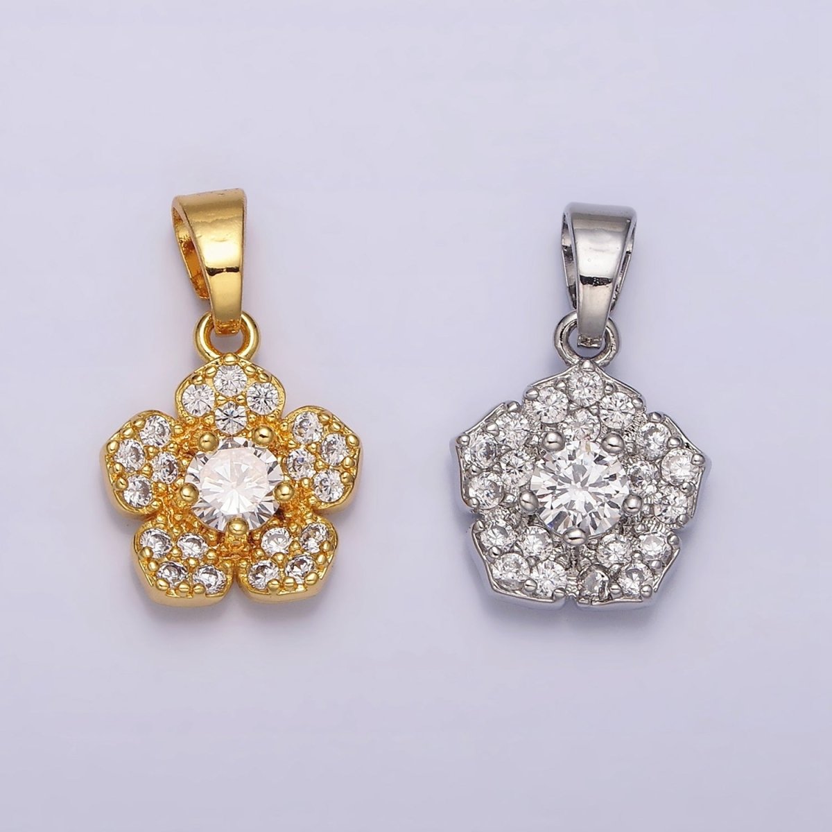24K Gold plated Clear CZ Flower Micro Paved Nature Pendant in Gold & Silver | AA471 AA472
