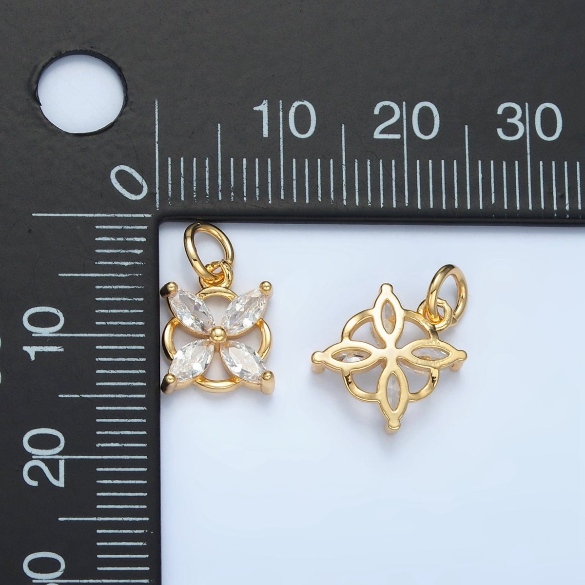 24K Gold plated Clear CZ Flower Open Bezel Charm | E731 - DLUXCA