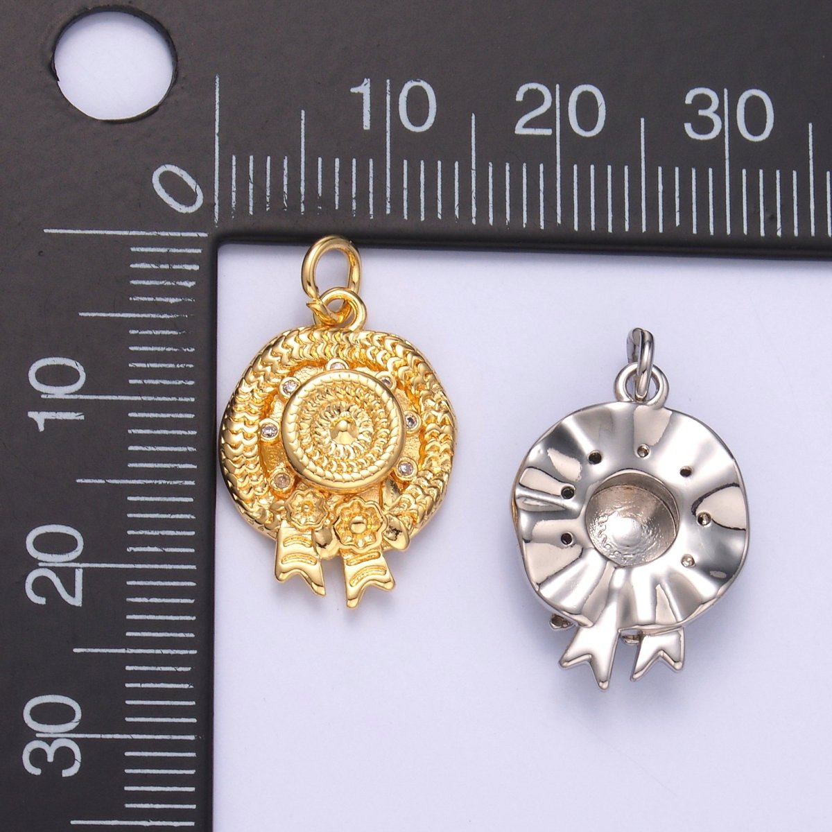 24K Gold plated Clear CZ Flower Woven Beach Hat Charm in Gold & Silver | N015 