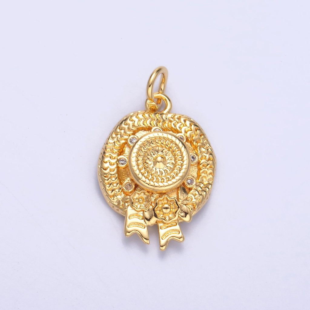 24K Gold plated Clear CZ Flower Woven Beach Hat Charm in Gold & Silver | N015 