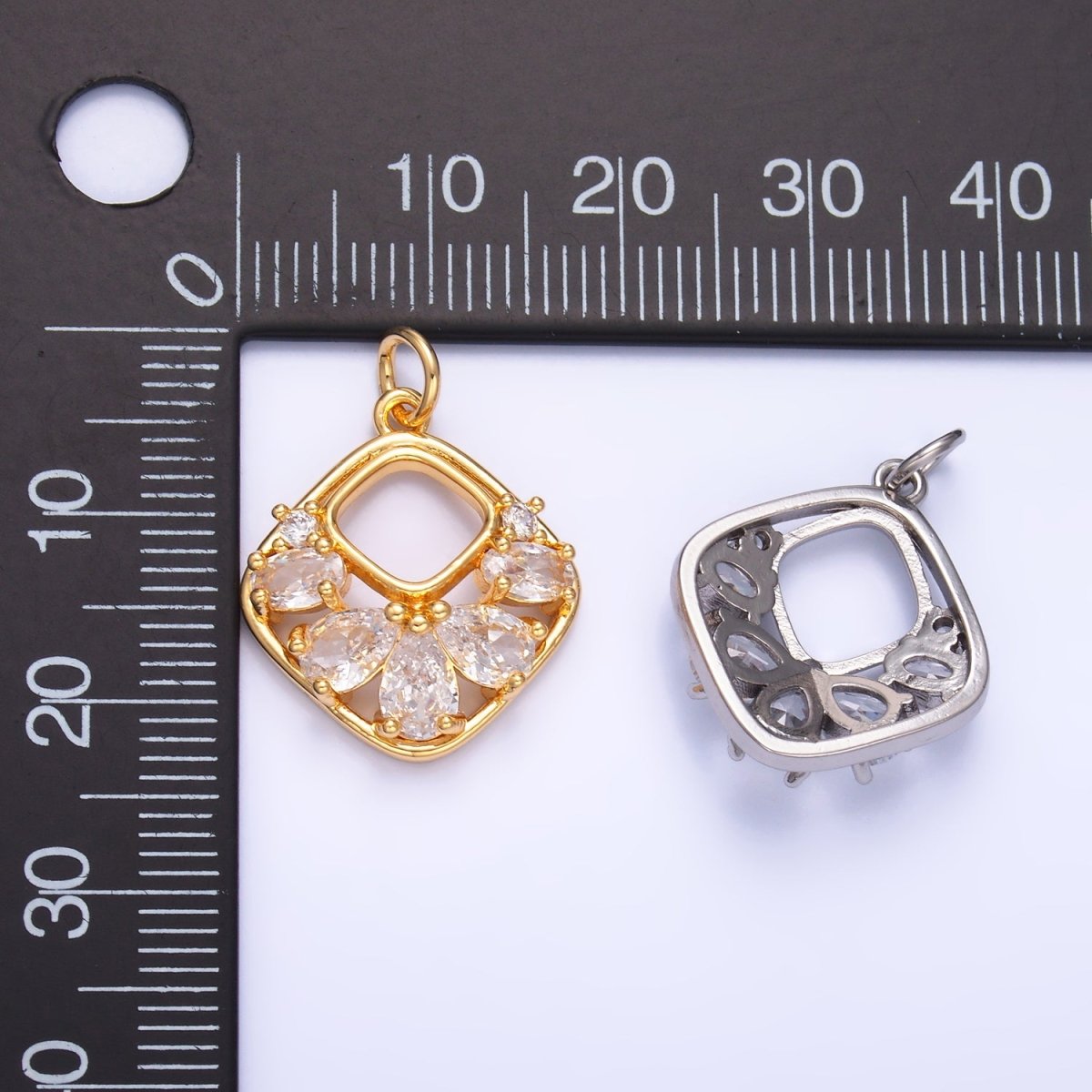 24K Gold plated Clear CZ Geometric Open Rhombus Charm in Gold & Silver | W409 