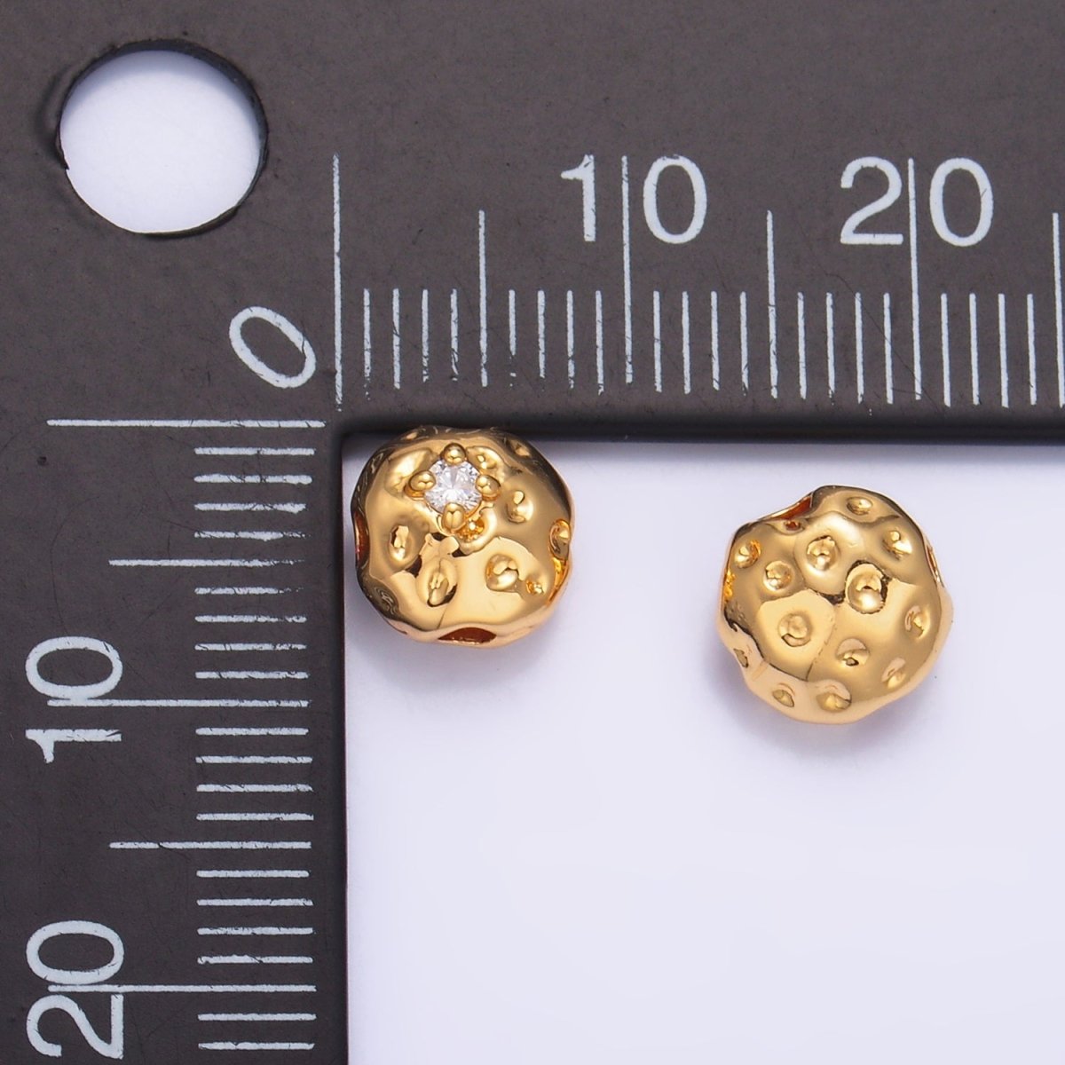 24K Gold plated Clear CZ Hammered Round Bead | B178 - DLUXCA